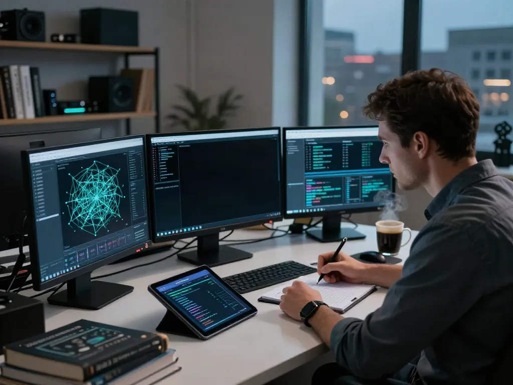 Deep web investigation scene with researcher analyzing hidden wiki 2026 data on multiple screens in a dimly lit office.