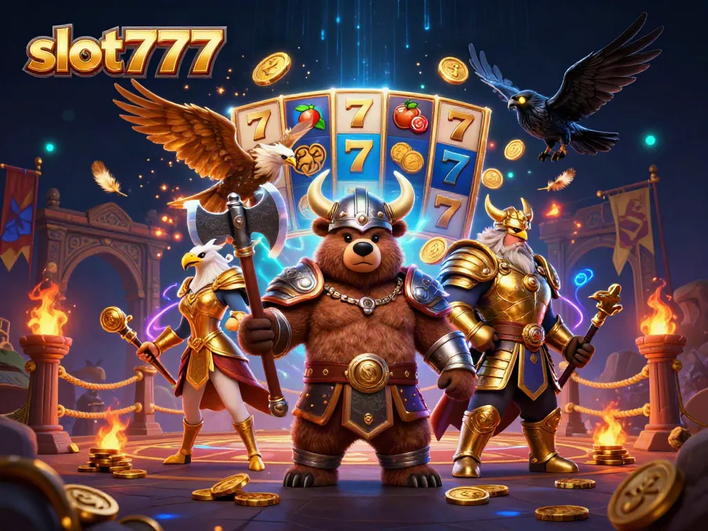Permainan slot777 dengan karakter beruang Viking dan elang Valkyrie dalam arena taruhan yang dramatis.