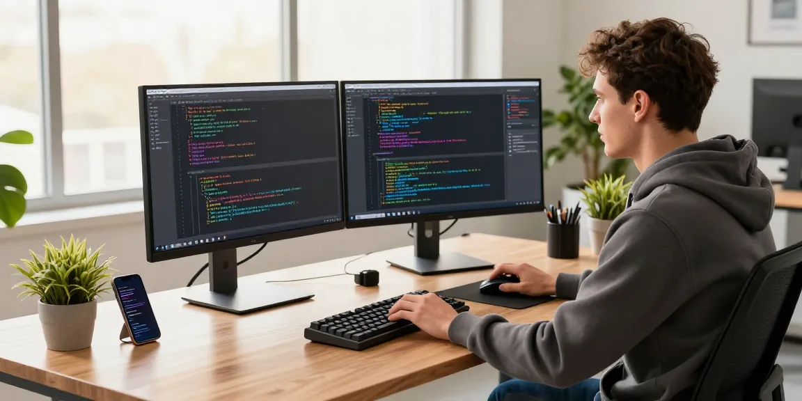 Crushon interactive coding workspace with developer, dual monitors, and vibrant atmosphere.