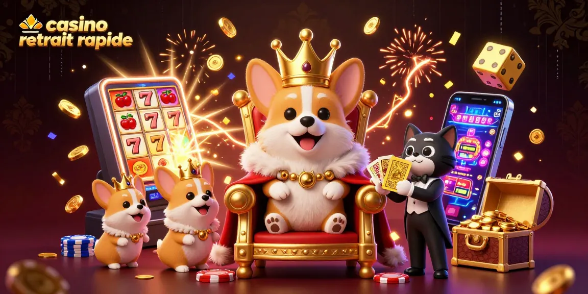 Gagnez avec casino retrait rapide dans une illustration 3D dynamique remplie d'éléments de jeux de casino.