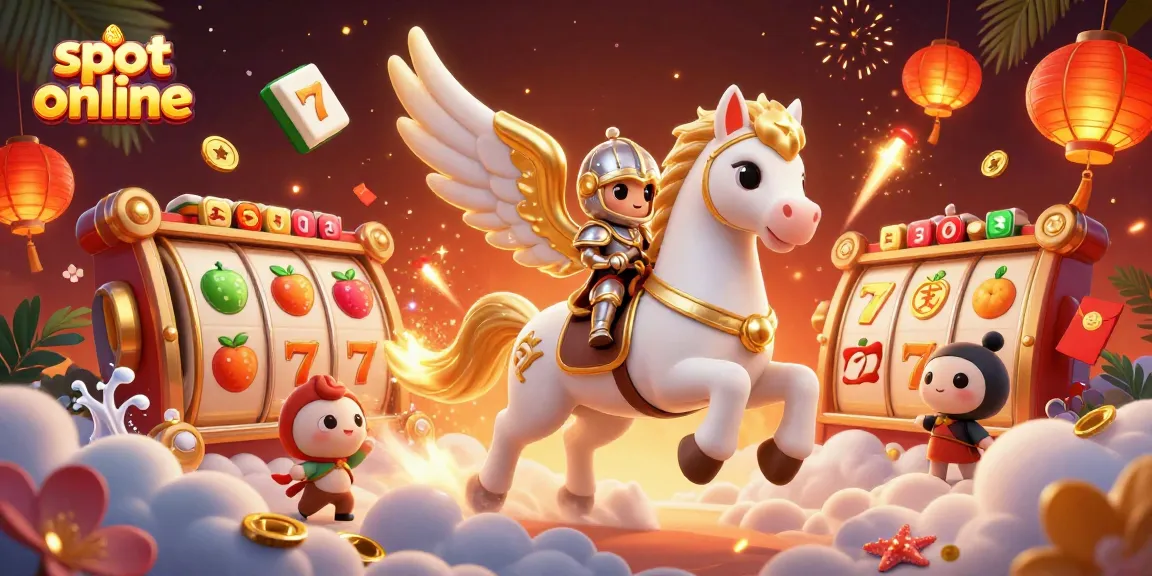 Engage in slot online with this vibrant, action-packed illustration showing a celestial horse and knight.