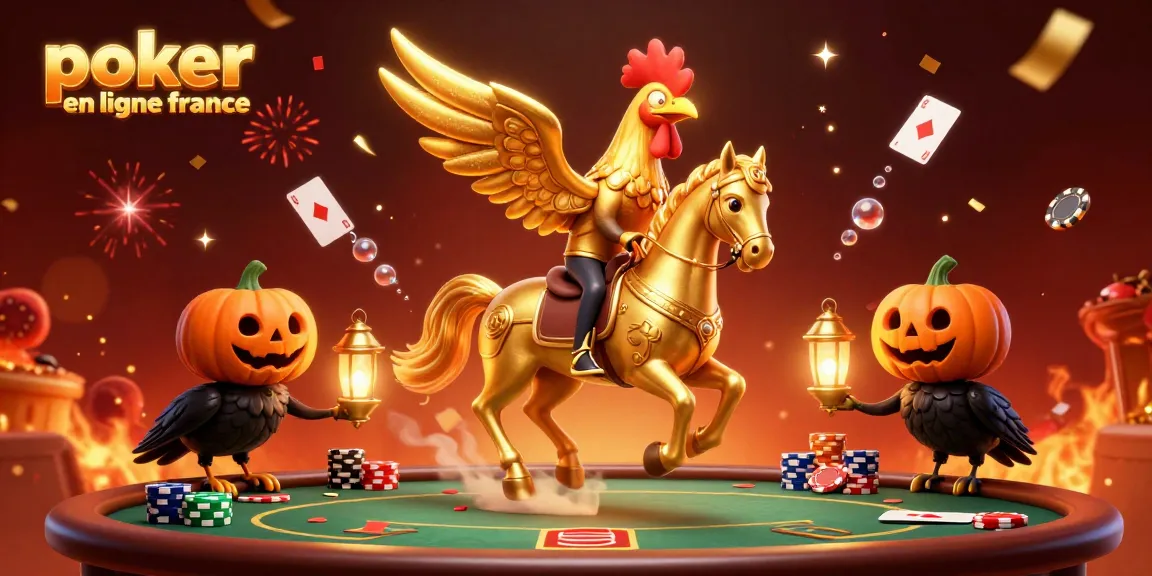 Jouez au poker en ligne France avec une illustration animée et festive montrant des éléments de jeu et des personnages.