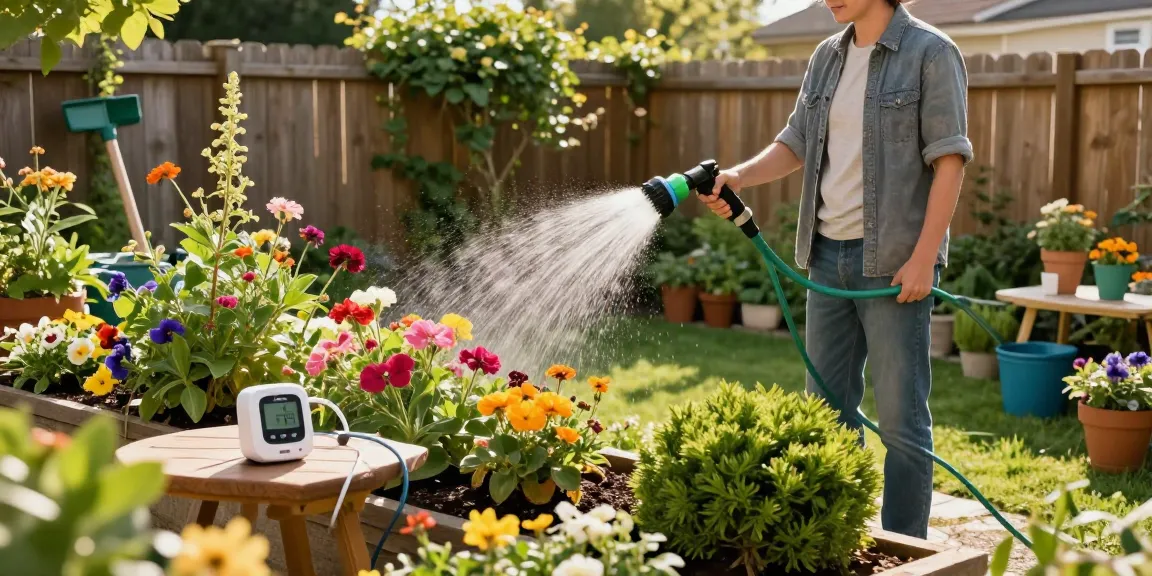Featuring the best hose nozzle in a flourishing garden scene with vibrant colors and well-arranged flower beds