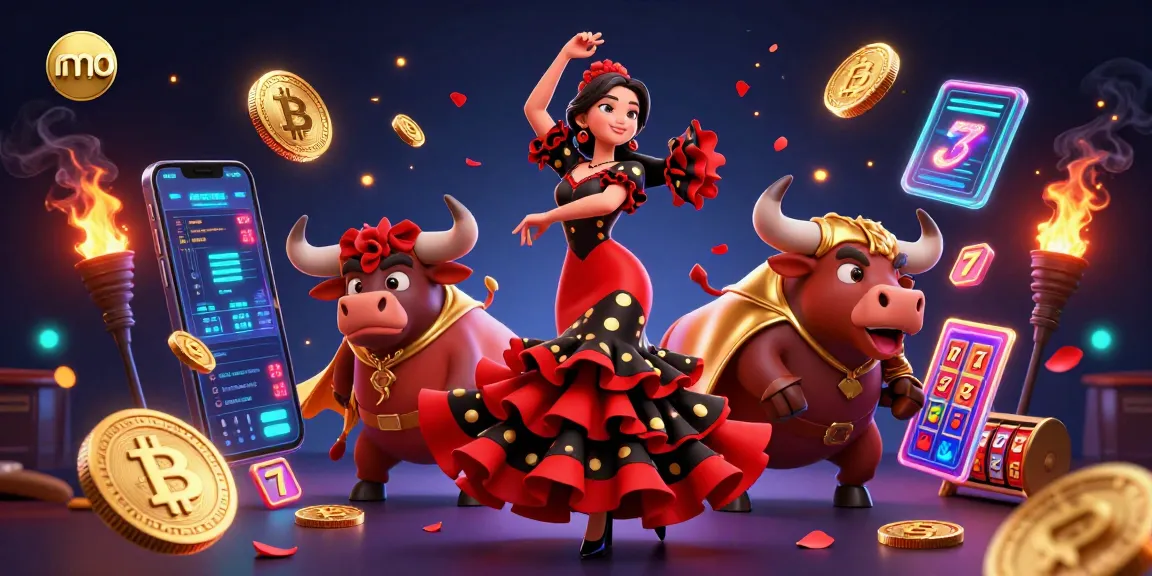 Experience the vibrant atmosphere of mmoo, featuring a dancing flamenco woman and a fighting bull amidst 3D casino elements.