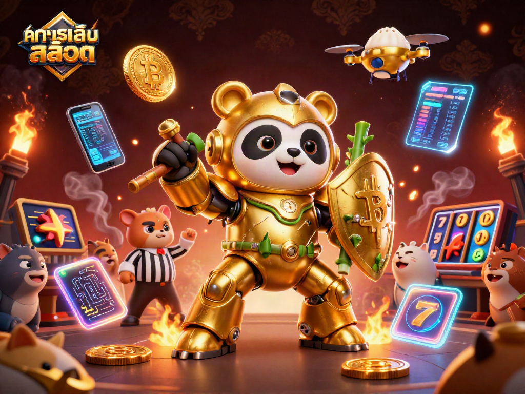 Experience ทดลองเล่นสล็อต in this vibrant 3D casino scene with a mech-suit panda and dazzling symbols.