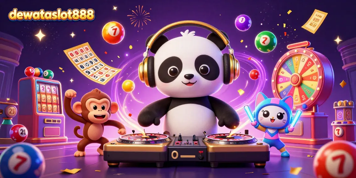 Gambarkan aksi seru dewataslot888 dengan DJ panda, monyet breakdance, dan kucing berkilau.