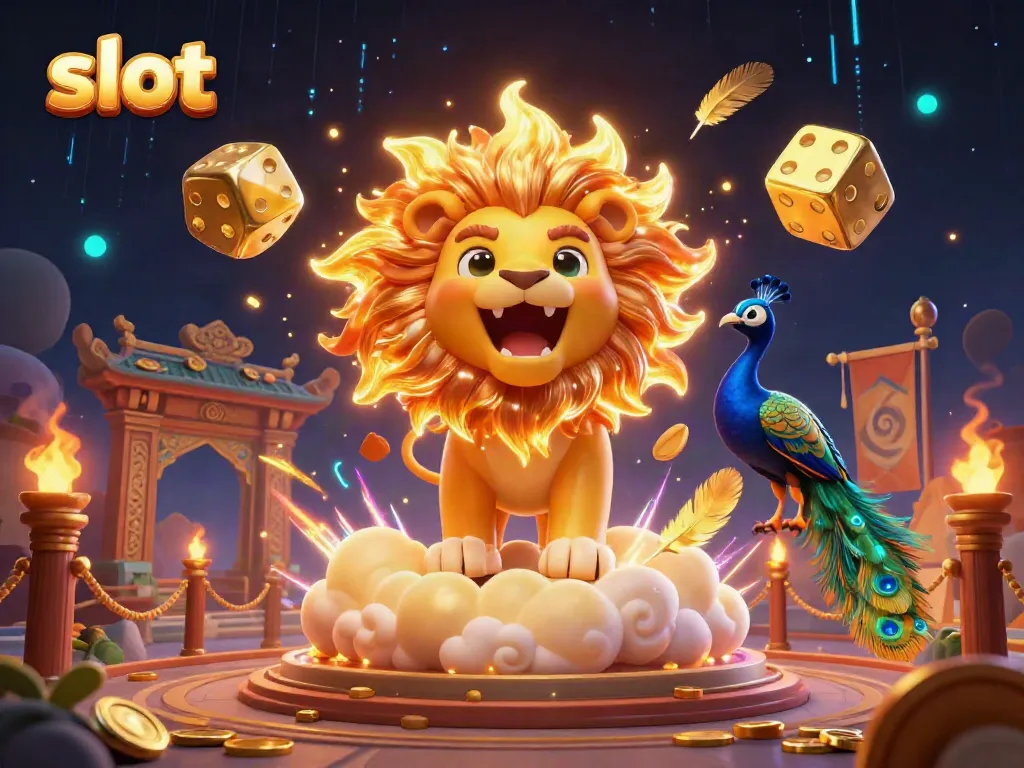 Experience thrilling slot action with a majestic lion, golden dice, and a vibrant casino atmosphere.