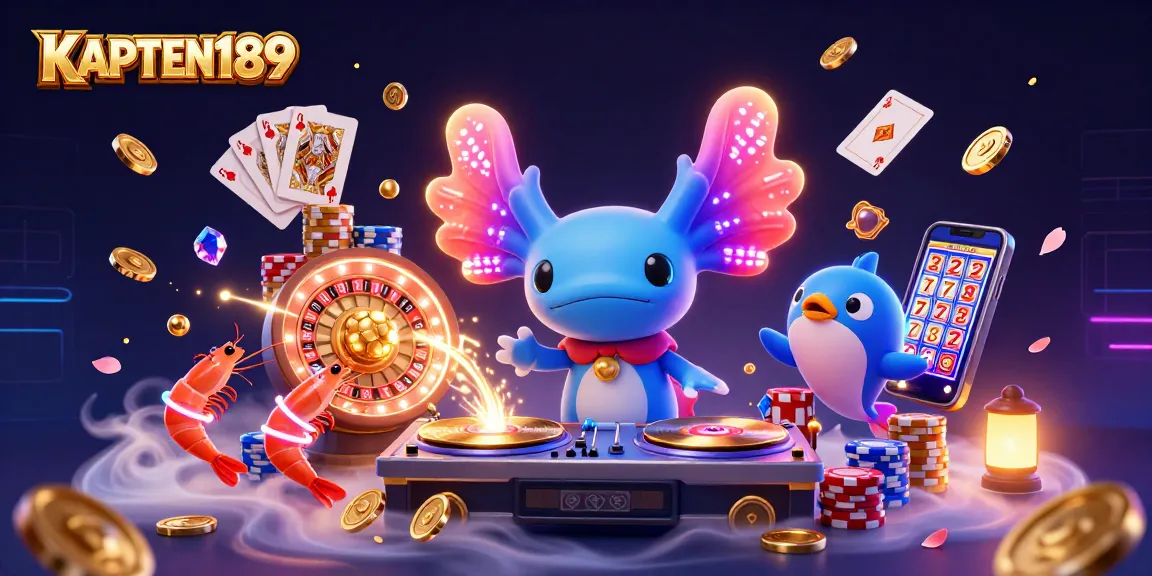 KAPTEN189 menunjukkan aksinya dalam ilustrasi 3D yang menampilkan DJ axolotl neon yang seru dengan elemen permainan kasino.