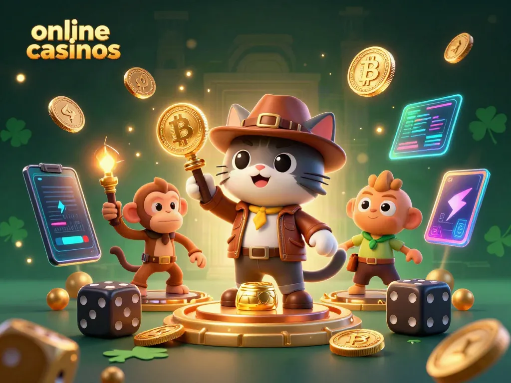 Engage in dynamic online casinos featuring a cat archaeologist and glowing crypto elements.