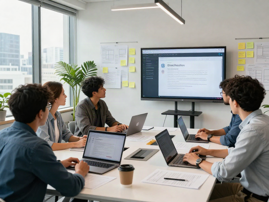 Team discussing document fraud detection software in a modern office, showcasing collaboration and innovation in tech.