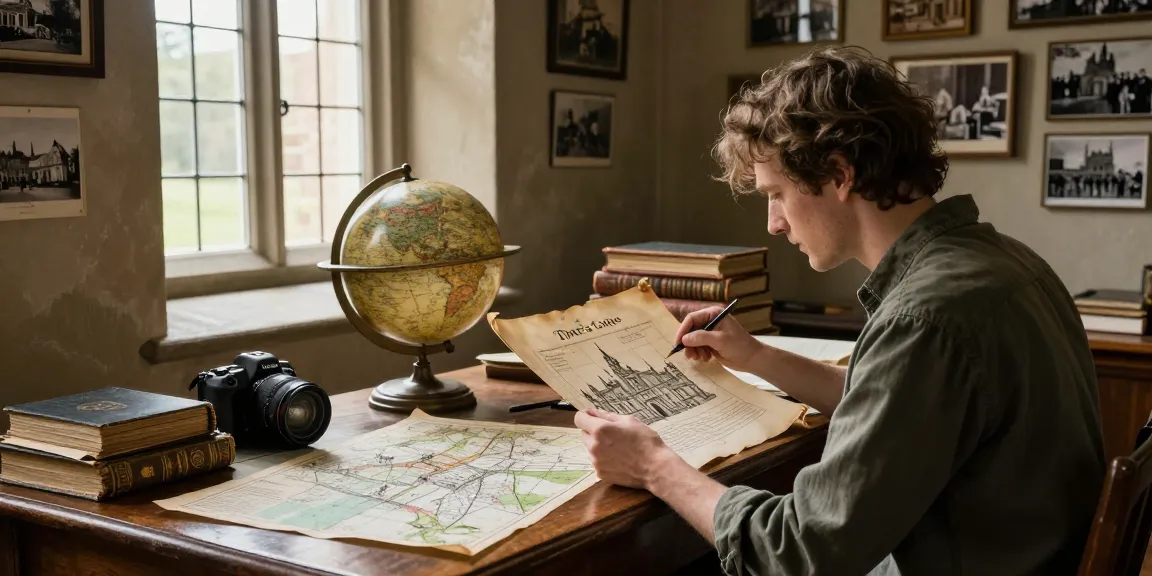 Exploring Tynte's Castle's rich history at https://tyntescastle.com, showcasing a researcher examining ancient manuscripts in a cozy library.