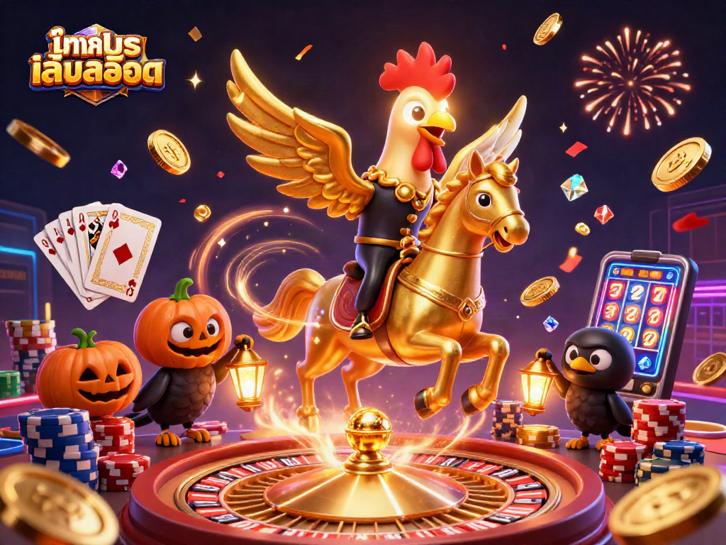 ทดลองเล่นสล็อต as an engaging 3D casino experience with a lively rooster and halloween-themed elements.