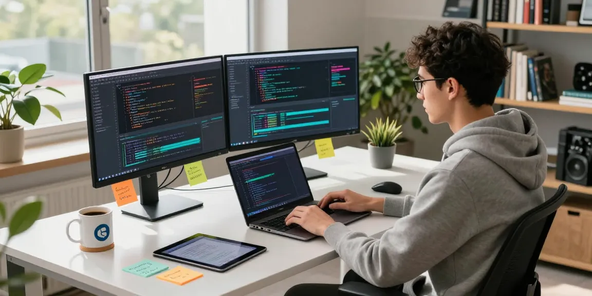 Developer coding in a modern workspace, showcasing tech culture at teiegramin.com