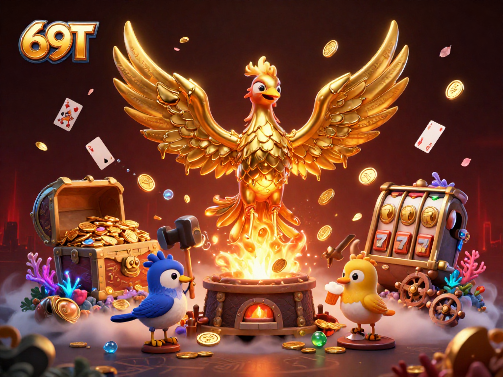 Aproveite as emoções do cassino 69T com uma ilustração vibrante de um fênix dourado emergindo de uma forja, cercado por símbolos de jogos e tesouros.