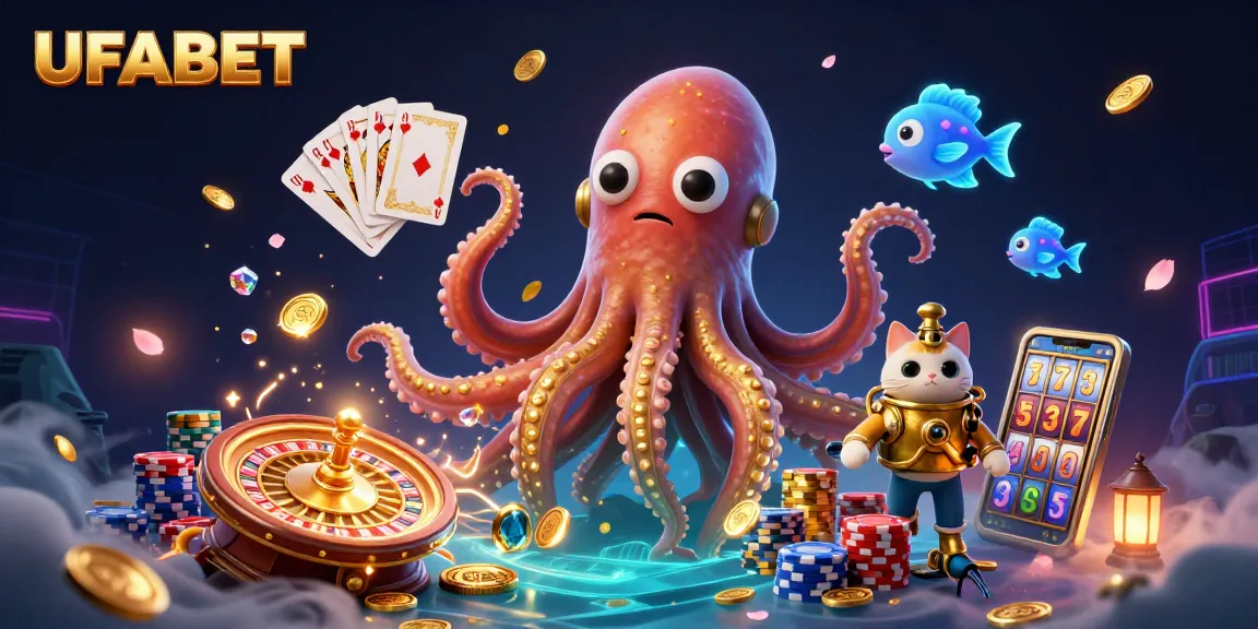 Experience excitement at UFABET with a colossal kraken and dynamic casino elements in a vibrant underwater scene.