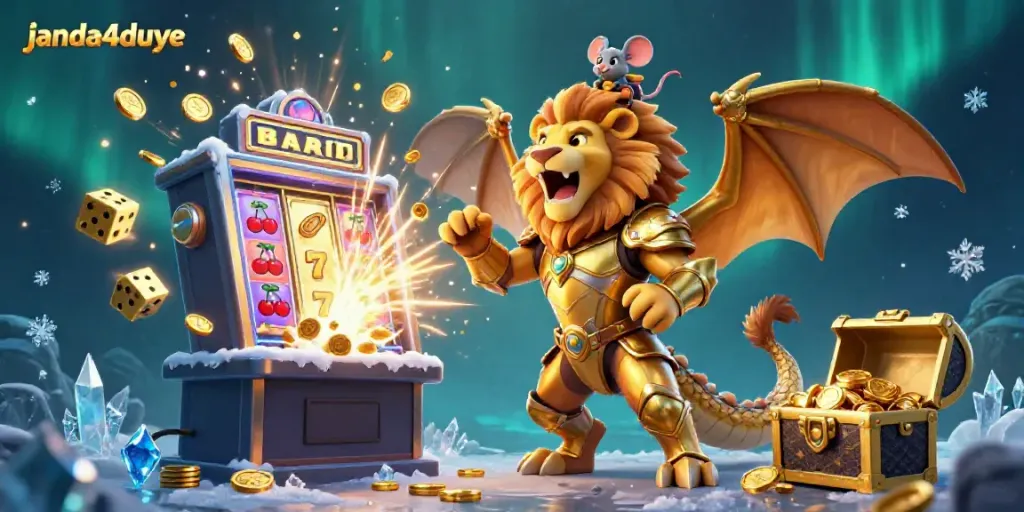 Menang besar dengan janda4duye dalam permainan slot, dikelilingi koin emas dan jackpot!