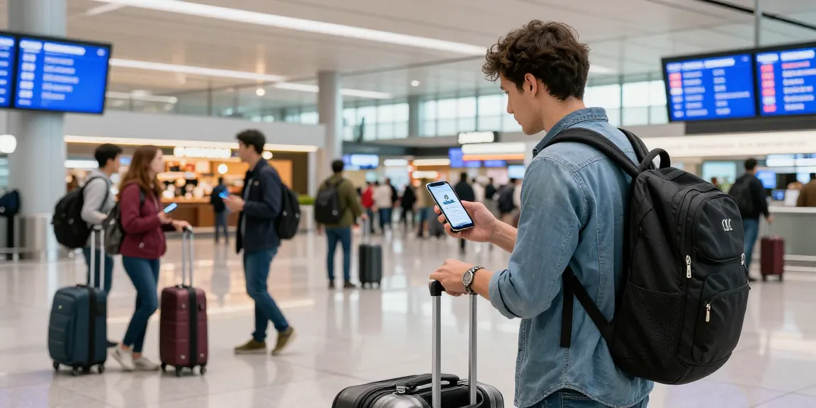 Comprando eSIM en un aeropuerto, viajero internacional con equipaje y smartphone activando su eSIM.