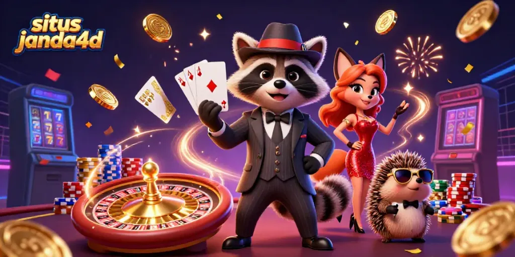 Permainan slot situs janda4d dengan karakter animasi ceria dalam suasana kasino yang meriah.