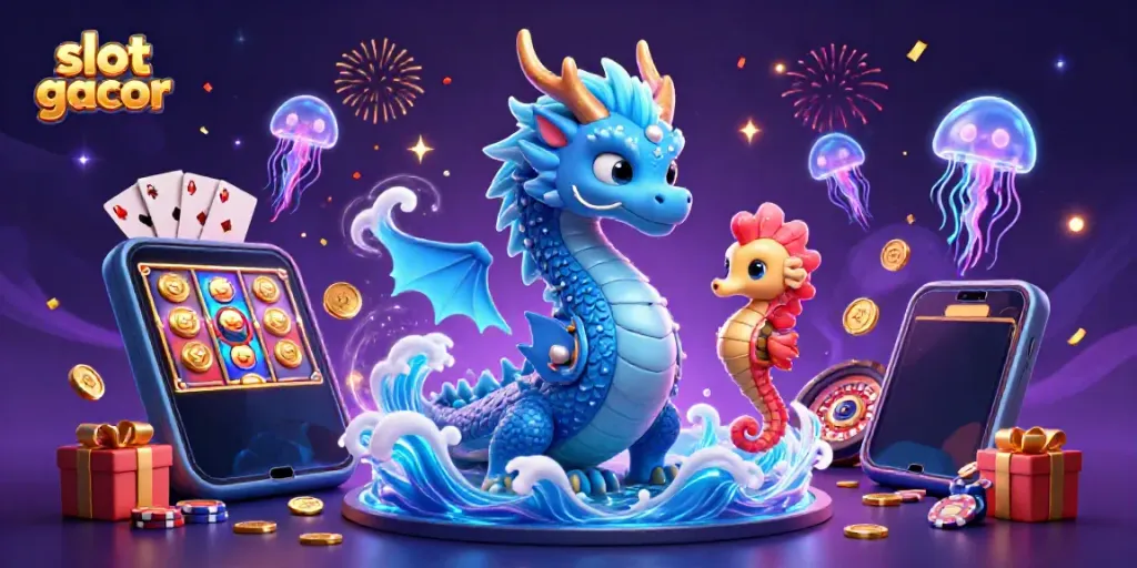Experience slot gacor thrills with a vibrant scene featuring a water dragon, seahorse knight, and neon jellyfish.