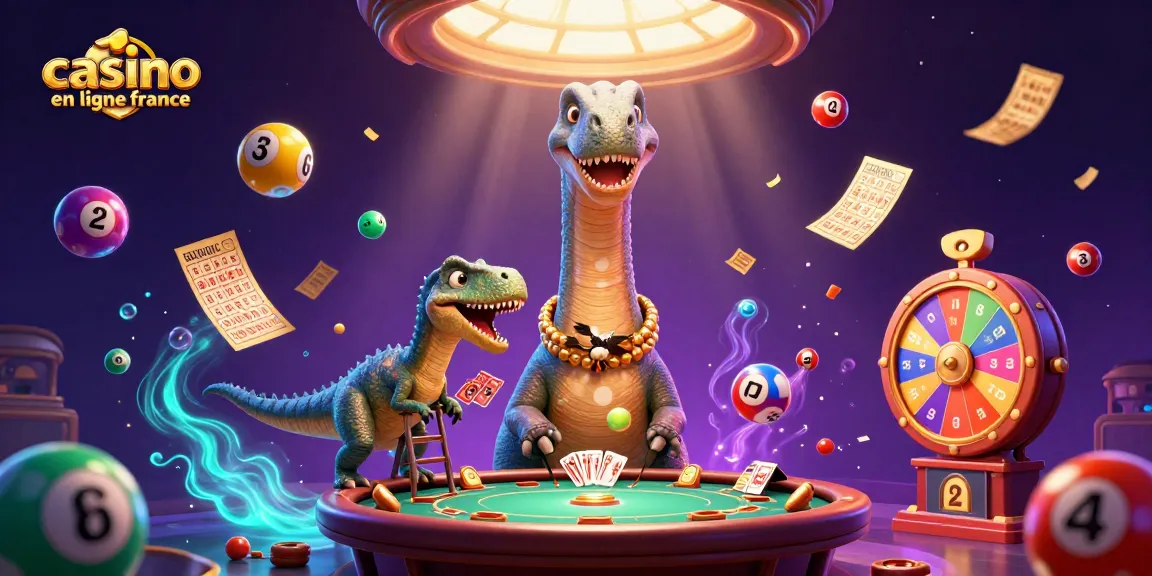 Illustration captivante de casino en ligne France, avec des personnages de dinosaures jouant aux cartes au-dessus d'une table