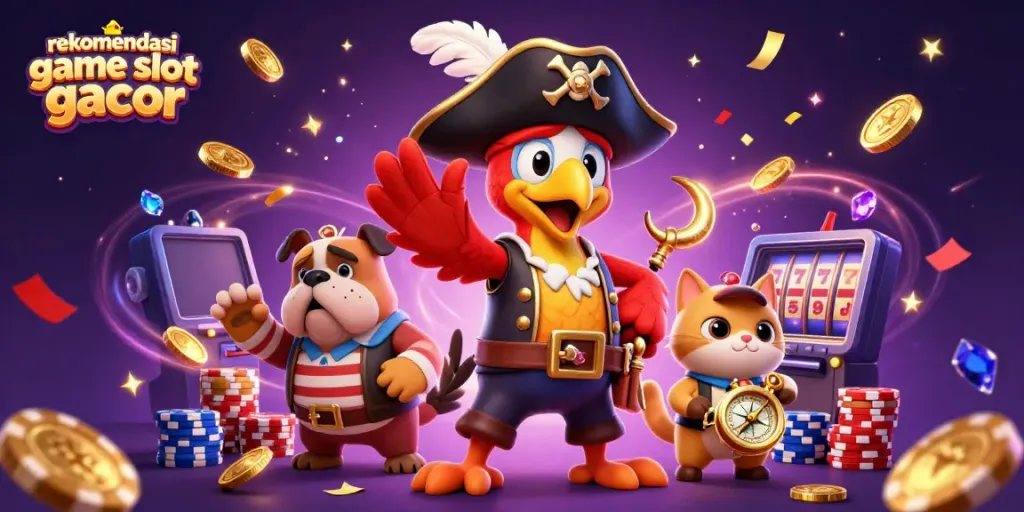 Menyajikan rekomendasi game slot gacor dengan karakter kasino bersemangat dan simbol keberuntungan yang dinamis.