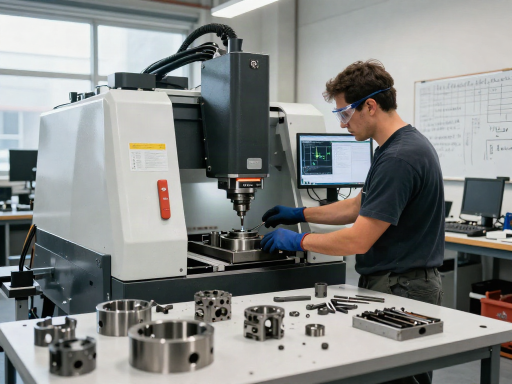 CNC machining parts manufacturer with skilled machinist operating milling machine surrounded by precision parts.