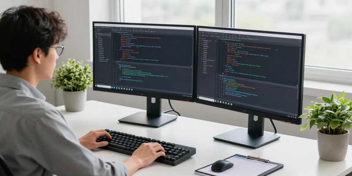 Engaged developer coding 纸飞机中文版 software in a modern workspace with dual monitors and vibrant plants.