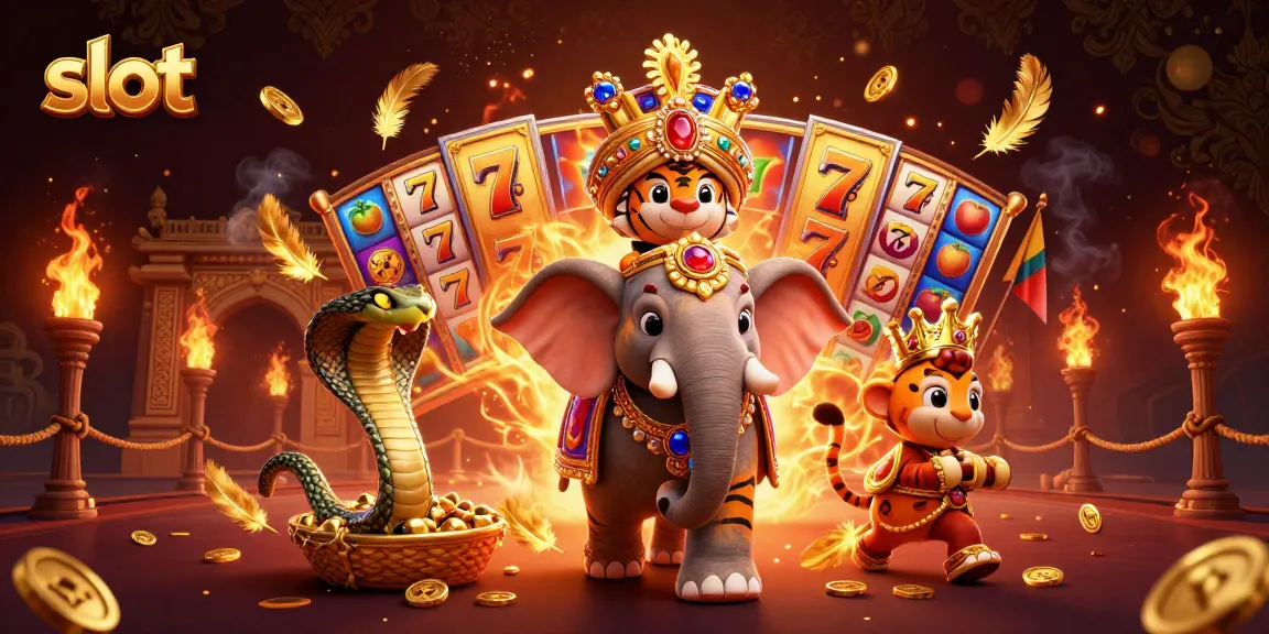 Spin the reels of slot games as an ornate maharaja tiger rides a jeweled elephant in a vibrant casino scene.