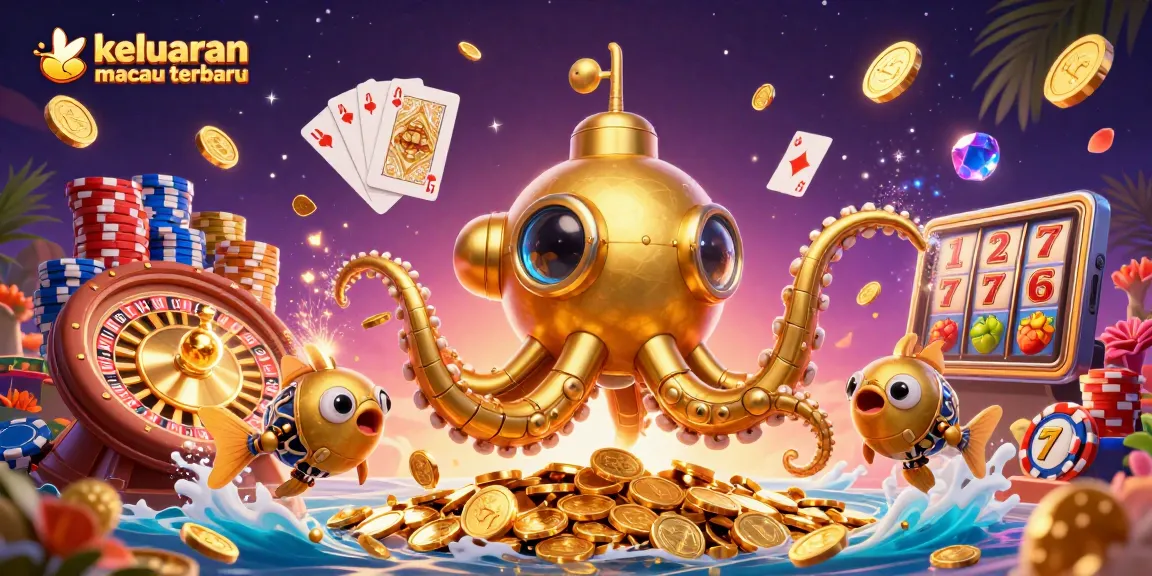 Keluaran macau terbaru showcases an energetic 3D casino scene with golden kraken and slot machines.