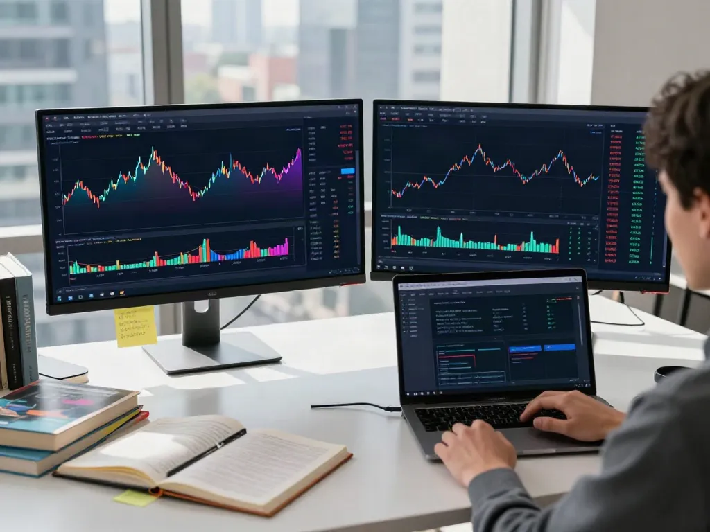 实时行情API utilized in a detailed professional crypto trading desk environment, showcasing charts, digital wallets, and trading alerts.