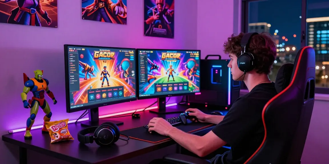 Engaging online gaming setup showcasing slot gacor gameplay on dual monitors.