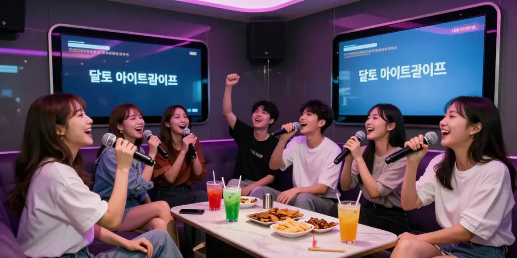 달토 나이트라이프를 즐기는 사람들의 활기찬 장면, 현대적인 분위기의 노래방에서 즐거운 순간을 포착했습니다.