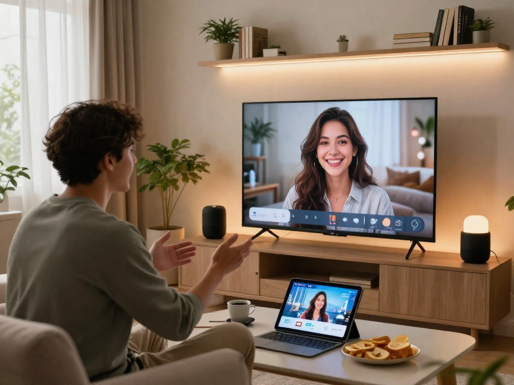Engaging conversation with an AI girlfriend in a modern living room, highlighting ai gf technology.