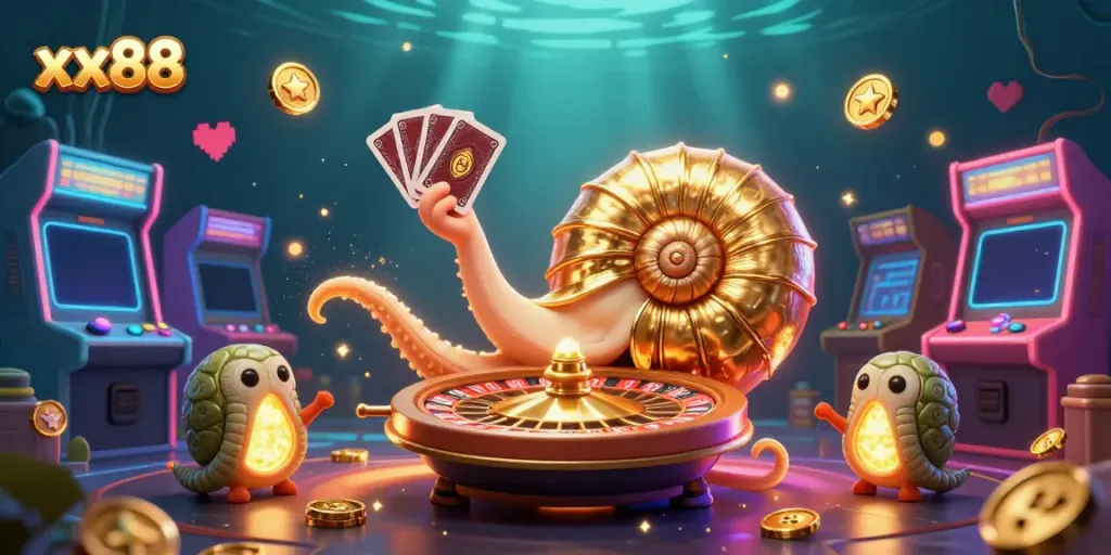 Engage in exciting gameplay with the vibrant xx88 roulette scene featuring a giant nautilus and glowing companion fossils.