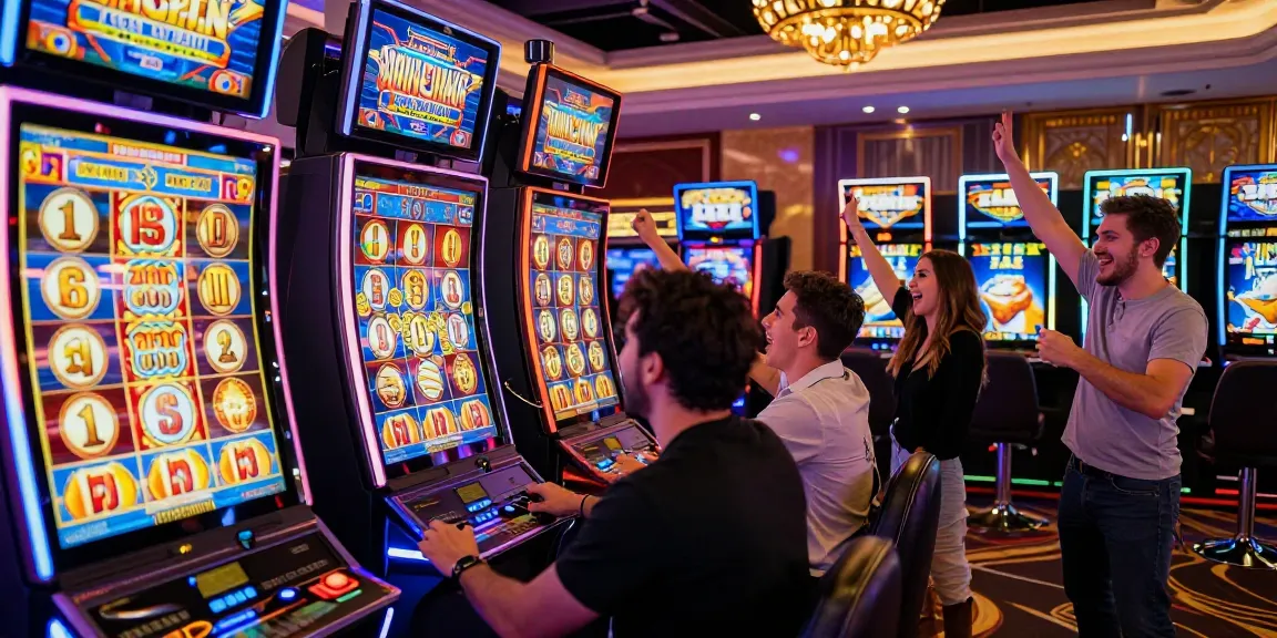 Suasana penuh kegembiraan dalam permainan slot di kasino dengan mesin slot berwarna-warni dan para pemain yang antusias.