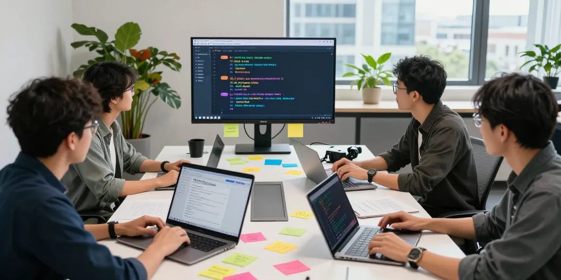 Developers collaborating on Telegram Chinese support app, showcasing code and ideas in a modern tech workspace.