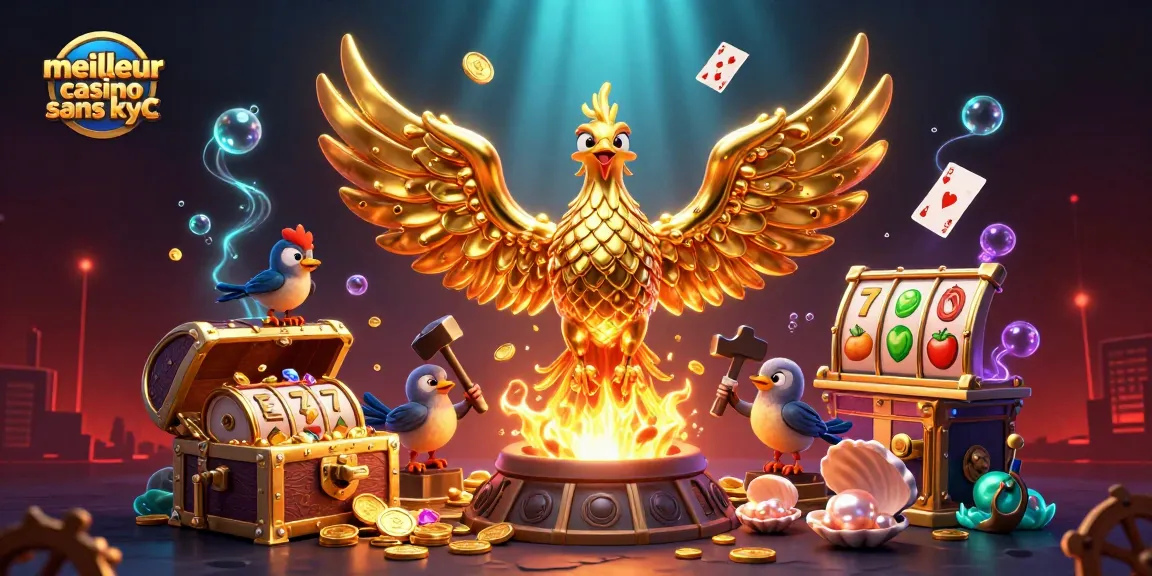 Jouer dans le meilleur casino sans KYC, avec des graphismes 3D représentant une scène dynamique de personnages et éléments de casino.