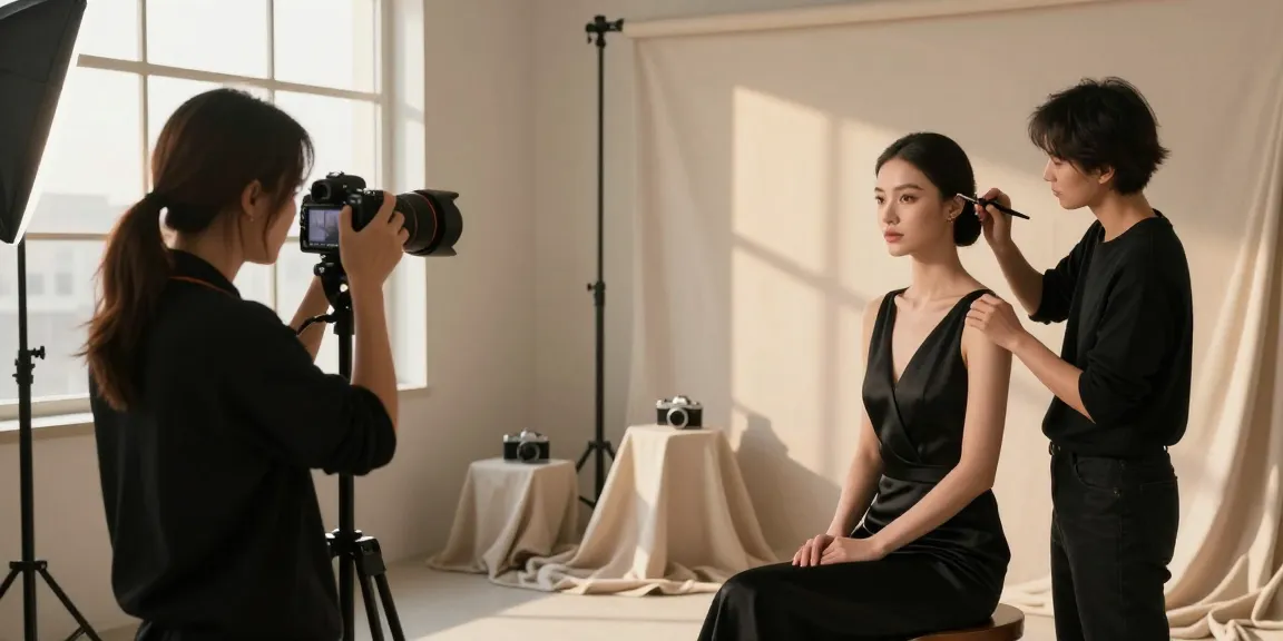 Photographe de portrait Milano capturant une cliente dans un studio élégant avec une lumière dorée.