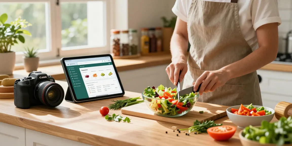 Engaged individual preparing a salad with fresh veggies while using the best food tracking app on a tablet, promoting healthy eating.