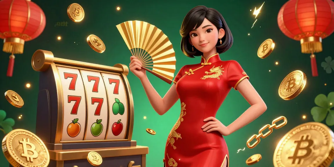 Spin the slot reels in a vibrant casino setting with a beautiful Asian woman and gold coins.
