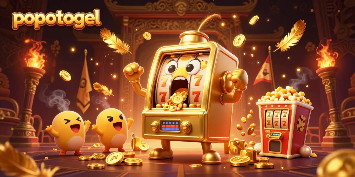 Get lucky with popotogel's thrilling gameplay featuring a jackpot-winning slot machine bursting with coins.