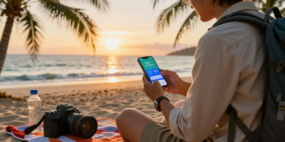 Backpacker checking esim coupon code on smartphone at a beach.