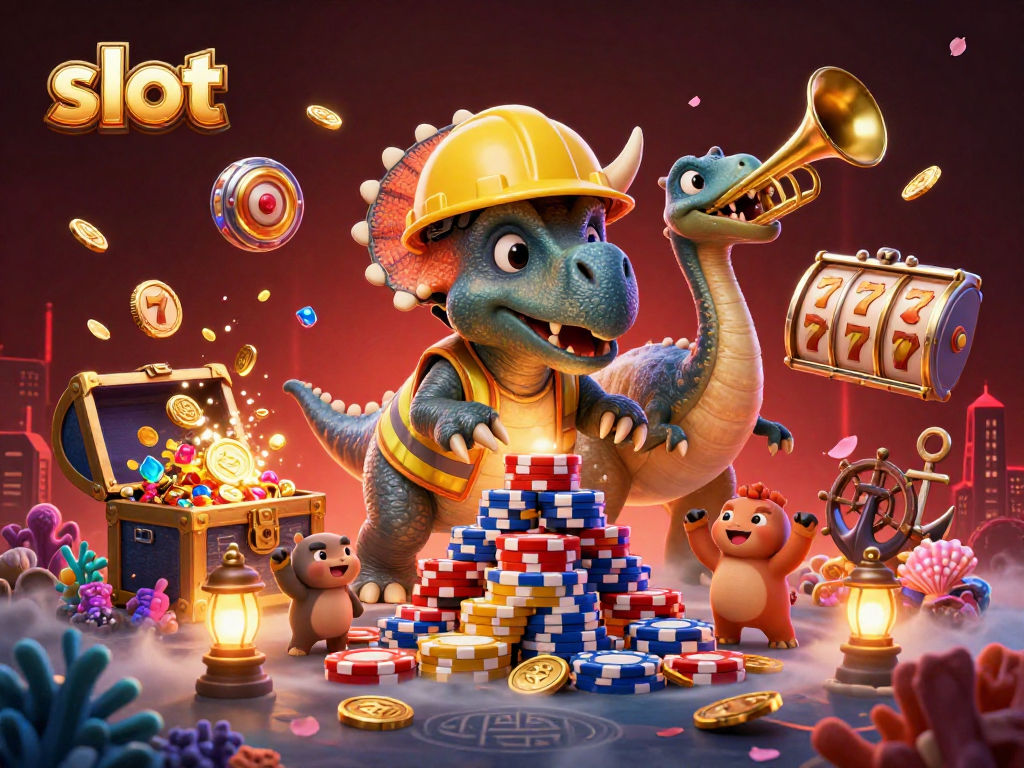 Experience thrilling slot action with a vibrant scene of a triceratops and a parasaurolophus celebrating wins.