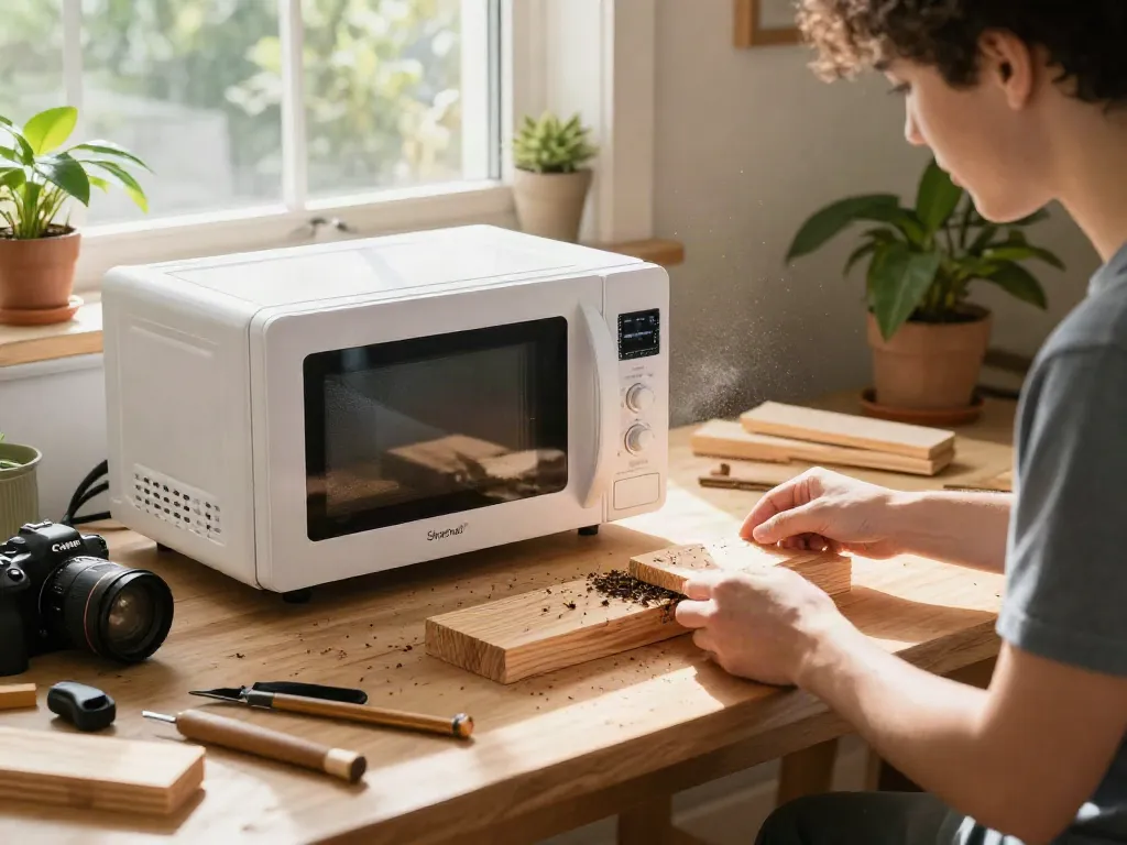 Shashel® device in action, eliminating wood insects in a warm home workspace.