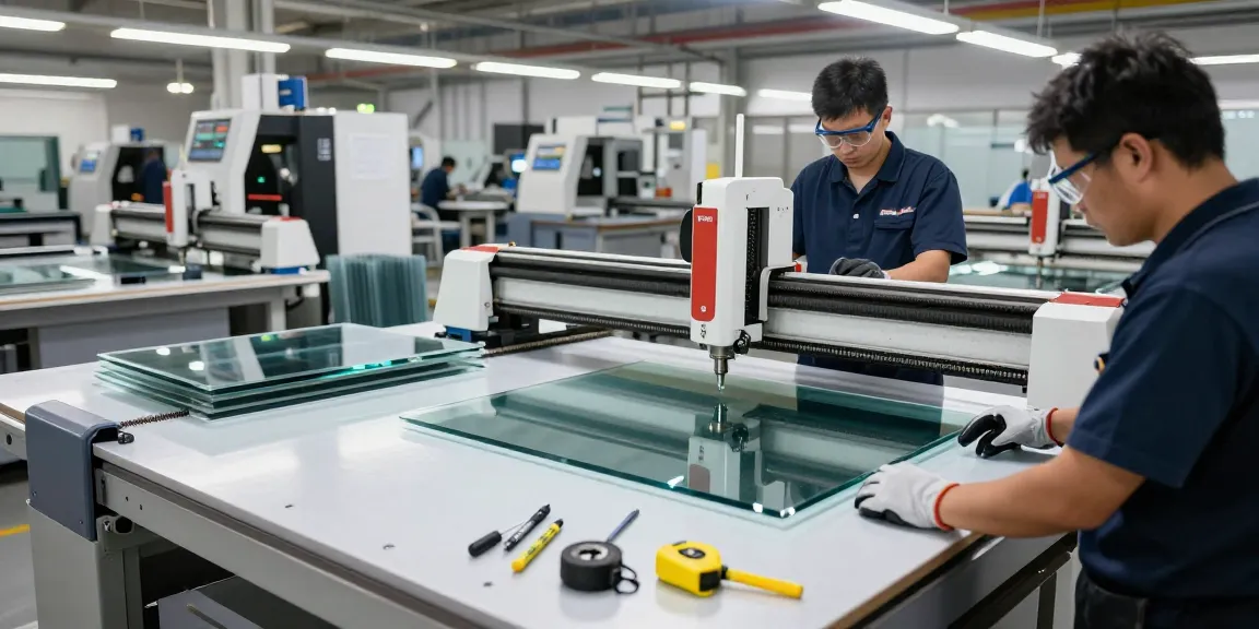 Technicians focusing on glass cutting table in a high-tech workshop, showcasing precise glass processing.