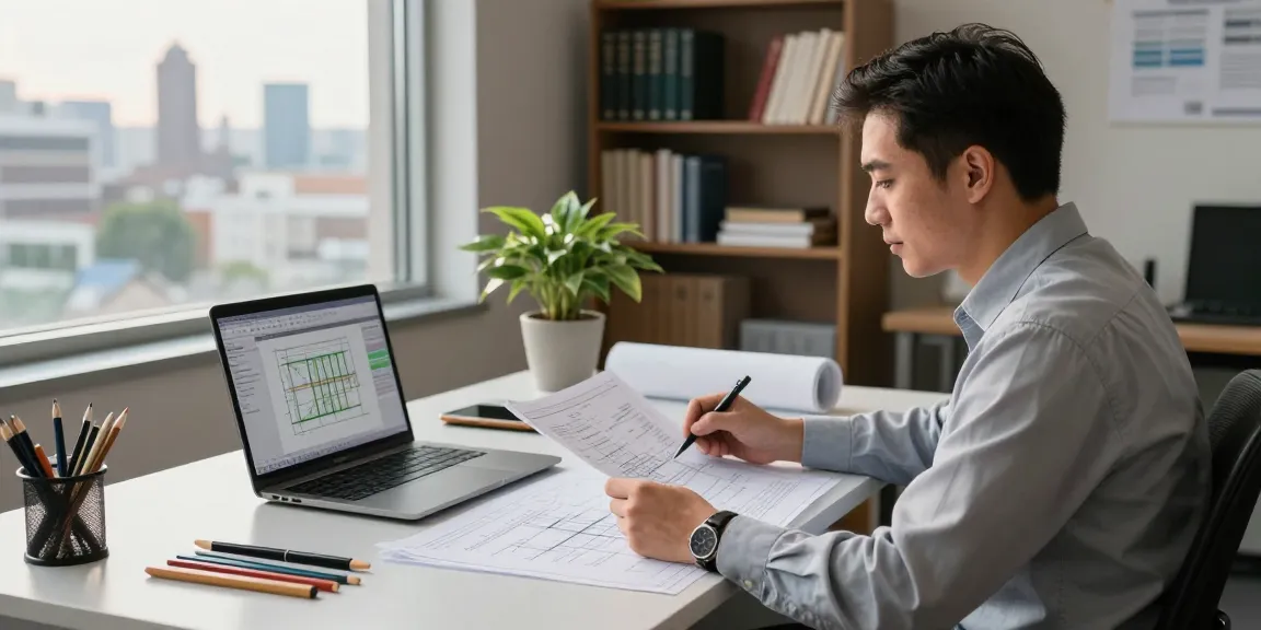 Engineering expert witness Missouri consulting in a professional office with blueprints and analysis software.