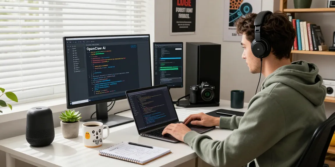 Dynamic tech workspace featuring a developer using openclaw AI, coding with dual monitors, surrounded by gadgets and bright light.