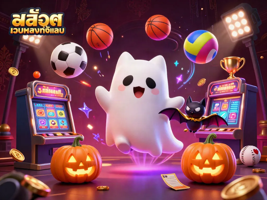 Engage with สล็อตเว็บตรงทั้งหมด in a vivid 3D casino scene featuring a friendly ghost cat and dynamic sports elements.