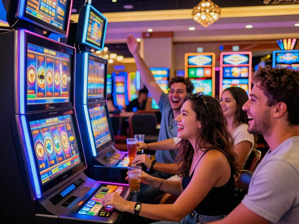 Pengguna bermain mesin slot dengan suasana kasino yang meriah dan cahaya berwarna-warni