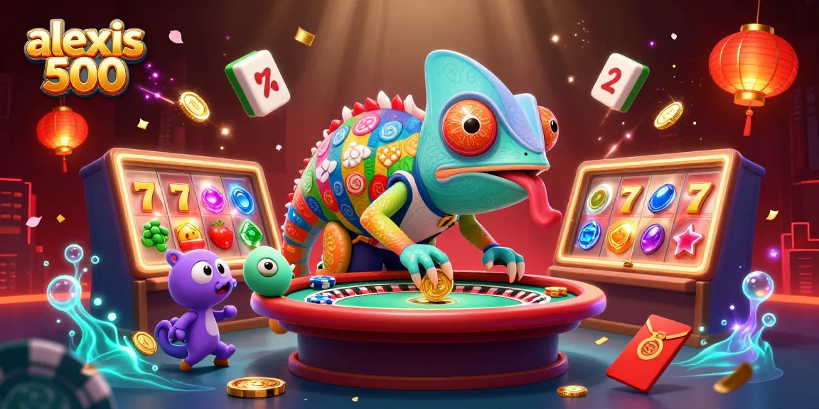 Experience the thrill of alexis 500 as a chameleon casino owner captures golden coins while surrounded by vibrant gaming elements.